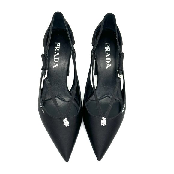 PRADA Pointed Toe Cutout Cut Out Block Heel Crystal Satin Leather Pumps - Picture 9 of 16